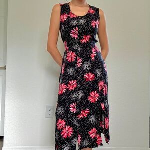 Late 90s charming black and pink floral midi dress by Betsy Lauren
